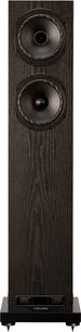 Gulvhøjttaler Fyne Audio F501E, set forfra, mørk træfinish, 2 cirkulære højttalere, bass-reflex port nederst