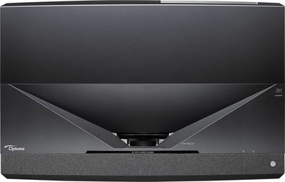 Optoma CinemaX D2 sort videoprojektor, frontvisning, trapezformet kabinet, mat sort overflade, centreret linse, logo nederst til højre