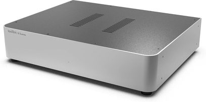 Strømrenser IsoTek V5 ELEKTRA sølv, rektangulært kabinett, avrundede hjørner, grå toppflate med 2 ventilasjonsgitter