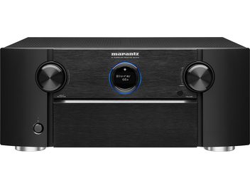 Marantz SR7013 sort hjemmebiografsforstærker, aluminiumsfacade, blåt display, drejeknappper, hovedtelefonstik, ventilationsriste