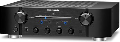 Amplificador hi-fi estéreo Marantz PM8006 preto, frente com botões, botões giratórios e tomadas, vista frontal