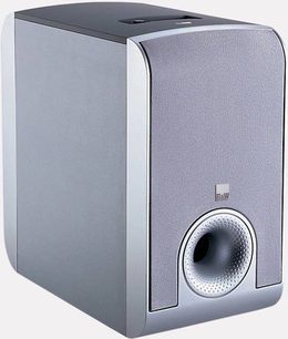 Kompakt Bowers & Wilkins MT-10 højttaler i metalgrå, set forfra, rektangulært kabinet med central, rund højttaler