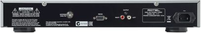 Sintonizzatore Rotel T-11 argento, vista posteriore, connettori audio e antenna, display, pulsanti di controllo, in metallo spazzolato
