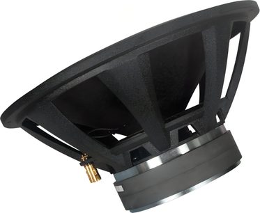 Tonewinner SW-D8000 subwoofer uden kabinet, sort membran, åben ramme og stor magnet med forgyldte terminaler set fra en vinkel