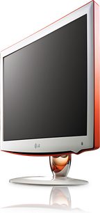 LG 22LU5000 fladskærms-LCD-TV, hvid og rød ramme, på drejeligt sølvfarvet stativ, set lidt fra siden forfra