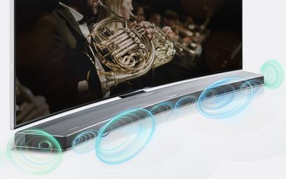 Samsung HW-J7501R sort soundbar, set forfra, med teknisk diagram over lydspredning i baggrunden