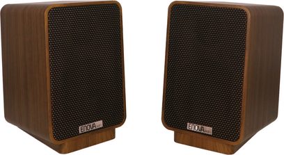 2.1 højttalersæt Enova HIFI VELA 2.1 8A, to rektangulære trækabinet-højttalere med sorte teksturerede gitre og logo nederst