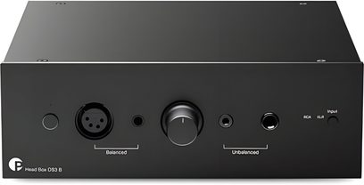 Pro-Ject Head Box DS3 B nero, preamplificatore per cuffie hi-fi vista frontale con pulsante centrale e uscite jack sul frontale