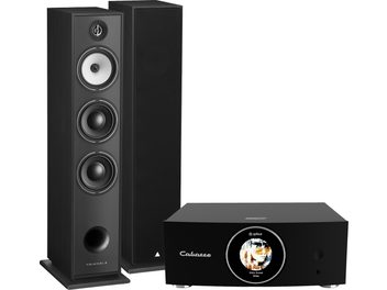 amplificatore hi-fi stereo Cabasse AMP 240S nero con display rotondo e due diffusori da pavimento Triangle BR08 neri