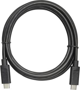 Sort, cirkulært kabel med to USB-C-stik i enderne, holdt sammen af to sorte stropper