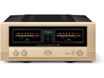 Integroitu stereo hi-fi -vahvistin A-48S, etunäkymä, kultainen viimeistely, 2 suurta vu-mittaria, 3 pyöreää painiketta, 1 keskikytkin