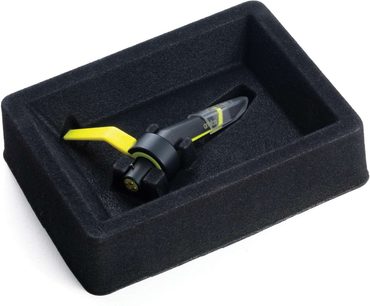 Ortofon Concorde MKII CLUB black and yellow DJ cartridge in a black foam case, close-up top view
