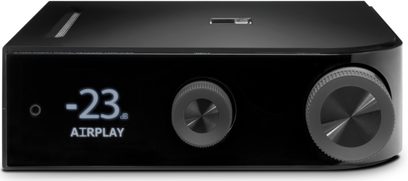 NAD D 7050 sort hi-fi stereoforstærker, frontvisning, display "-23 dB AIRPLAY", to drejeknapper, USB-port