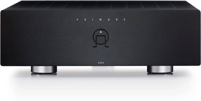 Amplificatore di potenza Primare A35.2 nero, vista frontale, cassa rettangolare nera opaca, facciata minimalista con logo omega argentato