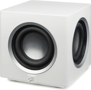 MartinLogan Abyss 8 subwoofer in satijnwit, matwitte afwerking, kubusvormig, driekwart zicht met twee ronde openingen