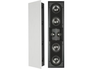 Caixa acústica de embutir Sonance R2SUR, vista frontal e lateral, caixa retangular branca com 4 alto-falantes redondos pretos e grelha preta removível