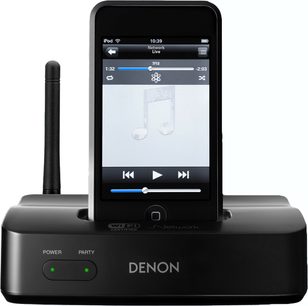 Denon ASD-51W dockingstation til iPod/iPhone, sort base, centralt dock, set forfra på hvid baggrund
