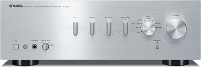 Yamaha A-S501 sølvfarvet stereo hi-fi-forstærker, set forfra, frontpanel med knapper og drejeknapper, hovedtelefon- og phono-stik