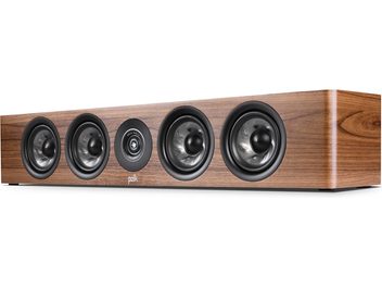 Caixa acústica central Polk Audio R350 em nogueira, retangular, 5 alto-falantes pretos na frente de madeira clara