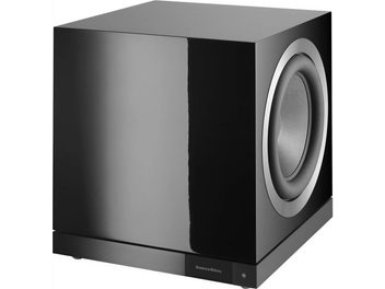 Лакиран в черно субуфер Bowers & Wilkins DB3D, изглед отпред, кубична форма, централен кръгъл говорител
