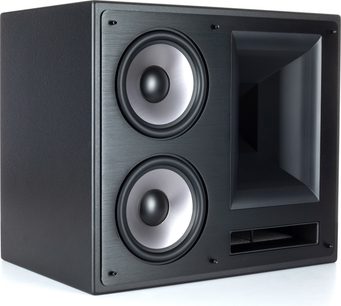 THX-6000-LCR (R) głośnik kina domowego, widok z trzech czwartych, dwa okrągłe głośniki, prostokątny horn, prostokątny port bass-reflex