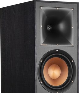 Enceinte colonne Klipsch R-820F noir, vue de face, tweeter et haut-parleur médium/grave visibles derrière grille noire