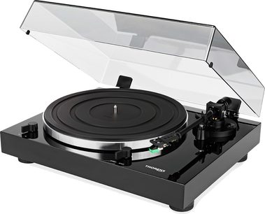 Lakeret sort Thorens TD 202 pladespiller, gennemsigtig låg, tonarm, sort drejetallerken, knapper og fødder i sølvfarvet metal