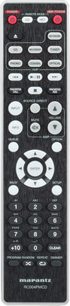 Controle remoto preto Marantz RC004PMCD com botões e inscrições brancas para controlar diversas funções de áudio