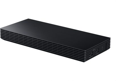 Box One Connect wireless Samsung 2026 nero rettangolare vista prospettica con pannello frontale ventilato e porte USB sul davanti