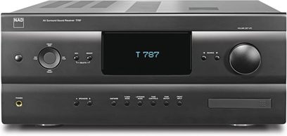 Ampli home-cinéma NAD T787 graphite, vue de face, afficheur bleu "T787", boutons et prises en façade, coloris gris anthracite