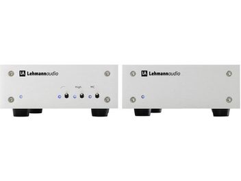 Preamplificatore fonico Lehmann Audio Decade argento, vista frontale, due esemplari affiancati, facciate con pulsanti e prese