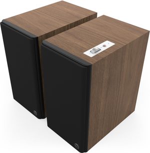 Coppia di diffusori Klipsch The Sevens II noce, griglie nere e comando superiore, vista a tre quarti