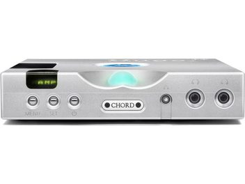 Audio-Wandler DAC Chord Hugo TT2 silber, Frontansicht, Tasten, Anschlüsse und kreisförmiges blaues Display in der Mitte