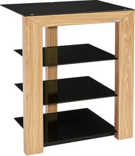 Norstone Design Piu ąžuolinė Hi-Fi spintele, 3 juodos lentynos, šviesios medienos konstrukcija, vaizdas iš priekio
