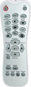 Hvid Optoma HD27 fjernbetjening med knapper til at styre en videoprojektor, set forfra