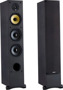 2 Davis Acoustics Ariane 7 højtalersøjler i sort træ, den ene med gul mellemtoner, 2 woofer og bassrefleks, den anden med grille