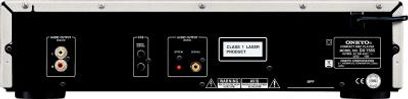 Bagside af en Onkyo DX-7555 CD-afspiller med RCA- og optiske lydstik, strømstik og tænd/sluk-knap