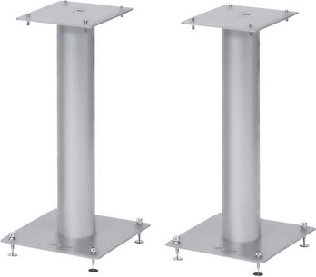 Två Norstone Stylum 1 högtalare i borstat silver, cylindriska med kvadratisk bas, 60 cm höga