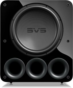 Reproduktorový box SVS PB-5000 R|Evolution v černé lakové úpravě s přední stranou, centrálním reproduktorem a třemi kruhovými basovými porty ve spodní části