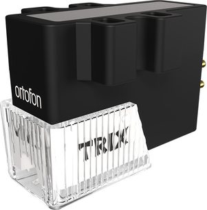 Ortofon VNL TRIX siyah plastik DJ kartuşu, çizgili şeffaf ön kapak, altın kaplama konektörler, üç çeyrek açıdan görünüm