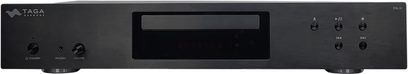 Reproductor de CD de alta fidelidad Taga Harmony TCD-30 con panel frontal negro, pantalla central, botones circulares y conexiones a la izquierda.