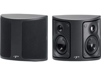 Paradigm Surround 1 speakers in matte black, front and side view, rounded rectangular shape, circular speaker drivers