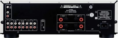 Onkyo A-9555 stereo hi-fi forstærker, frontvisning, stik og betjeningselementer på forsiden, LED-display, sort farve
