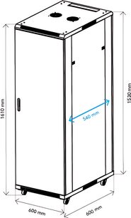 Аудіовізуальна стійка Norstone Pro Rack 32U прямокутної форми з передньою дверцятами, роликами, двома круглими отворами зверху, розміри вказані.
