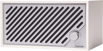 Cassa Tivoli Model Two Digital, scocca bianca con finitura plastica, pannello frontale argentato con fessure diagonali, pulsante, vista frontale