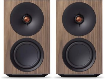 Diffusori attivi Cambridge Audio L/R M in noce, coppia compatta in legno di noce, altoparlanti tondi neri vista frontale
