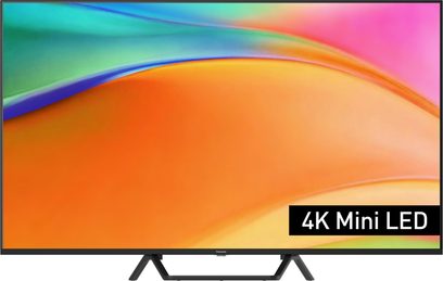 Televisor de alta definición Panasonic TV-55W95BEG negro con marco delgado de plástico, pantalla plana 4K Mini LED presentado de frente sobre dos patas en forma de V