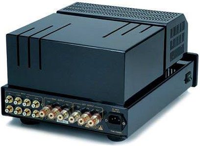 PrimaLuna ProLogue Two hi-fi stereo pastiprinātājs, skats no priekšpuses, tumši zils korpuss, melna panelis ar zeltītiem pogām un ligzdām