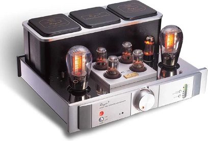 Cayin A-300B stereo hi-fi forstærker, set forfra, metalhus, 3 sorte knapper, 6 vakuumrør, stik og kontakt på forsiden