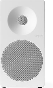 Bibliotecă difuzor Tangent Spectrum II X5 albă, vedere din față, cu două grătare metalice perforate circulare